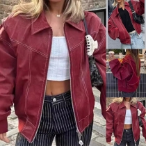 Fashion Stand Collar Long Sleeve Front Zipper Artificial Leather PU Jacket