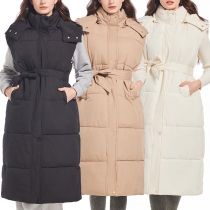 Fashion Mock Neck Hooded Quilted Sleeveless Coat