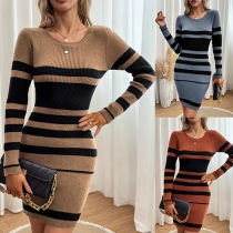 Fashion Contrast Color Stripe Pattern Crew Neck Long Sleeve Knitted Sweater Dress