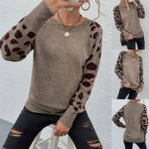 Fashion Leopard Printed Long Sleeve Crew Neck Sweater