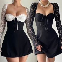 Sexy Contrast Color Lace Spliced Sweetheart Neckline Long Sleeve Mini Dress