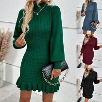 Fashion Cable Pattern Mock Neck Long Sleeve Ruffle Hemline Knitted Sweater Dress