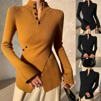 Fashion Button Mock Neck Long Sleeve Irregular Hemline Shirt