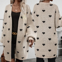 Fashion Heart Printed Long Sleeve Knitted Cardigan