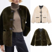 Vintage Round Neck Long Sleeve Artificial Lambswool Jacket