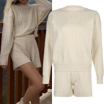 Fashion Cable Knitted Two-piece Set Consist of Sweater and Shorts