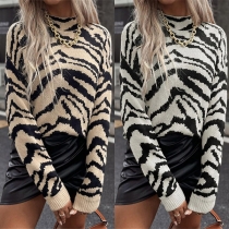 Street Fashion Mock Neck Long Sleeve Zebra Print Sweater