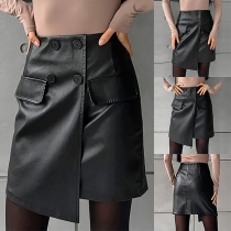 Street Fashion Double-breasted High-rise Irregular Hemline Artificial Leather PU Skirt