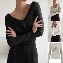 Sexy Cross Ruched V-neck Long Sleeve Slim-fit Shirt-Elastic