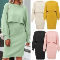 Fashion Elastic Knitted Two-piece Set Consist of Crop Sweater and Ribbed Tank Dress