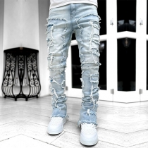 Fashionable Denim Straight Pants with Elastic Patch