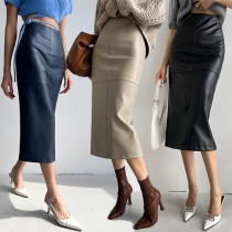 Fashion Solid Color High-rise Artificial Leather PU Skirt