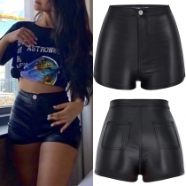 Fashion Solid Color Artificial Leather PU Shorts