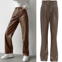 Brown PU Leather Trousers Straight Leg Pants