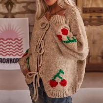 Solid Color Cherry Jacquard Knitted Cardigan Sweater Coat with Lace Up