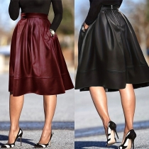 Fashion Solid Color High-rise Side Pockets Artificial Leather PU A-line Skirt
