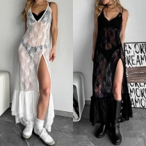 Sexy V-neck Side Slit Semi-through Lace Dress