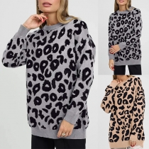 Fashion Leopard Printed Crew Neck Long Sleeve Sweater