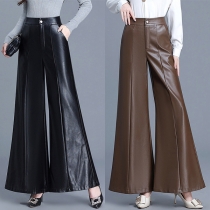 Fashion Solid Color High-rise Wide-leg Artificial Leather PU Pants