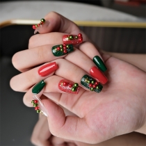 Fashion Bead Green and Red Christmas Fake Nails, Christmas Nail Art Set – for Festive Manicure
