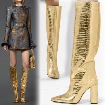 Multi-Color Pointed-Toe High Boots with Thick Heels