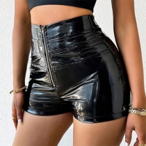 High Waist PU Leather Mirror Effect Elastic Shorts with Metal Zipper