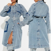 Loose Belted Long Double Breasted Denim Trench Coat