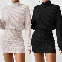 Fashion Mock Neck Long Sleeve Ribbed Bodycon Dress