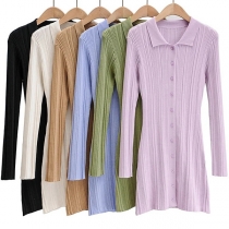 Fashion Solid Color Stand Collar Front Button Long Sleeve Elastic Ribbed Dress