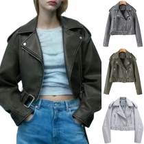 Fashion Notch Lapel Long Sleeve Front Zipper Artificial Leather PU Jacket