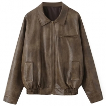 Street Fashion Stand Collar Long Sleeve Front Zipper Artificial Leather PU Jacket