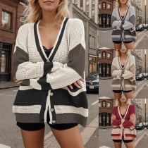 Casual Contrast Color Patch Pockets Front Button Cardigan