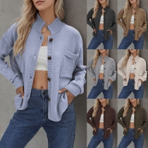 Fashion Stand Collar Patch Pockets Long Sleeve Knitted Cardigan