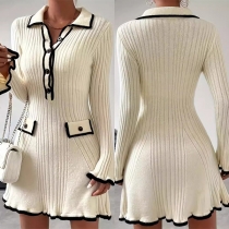 Vintage Contrast Color Stand Collar Button V-neck Trumpet Long Sleeve Ribbed Dress