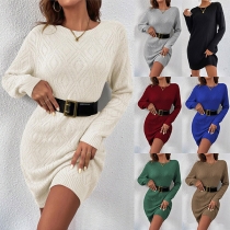 Fashion Crew Neck Long Sleeve Diamond Pattern Sweater Dress