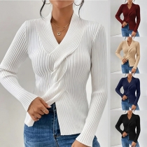 Fashion Solid Color V-neck Long Sleeve Ribbed Sweater