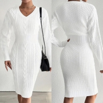 Fashion Cable Pattern V-neck Long Sleeve Knitted Sweater Dress