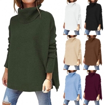 Fashion Turtleneck Long Sleeve Irregular Hemline Knitted Sweater