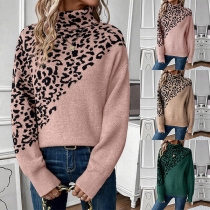 Fashion Leopard Printed Turtleneck Long Sleeve Knitted Sweater