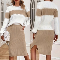Fashion Knitted Two-piece Set Consist of Sweater and Side Slit Skirt