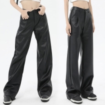 Fashion Solid Color High-rise Black Artificial Leather PU Pants