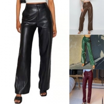 Fashion Solid Color High-rise Straight-cut Artificial Leather PU Pants
