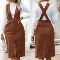 Fashion V-neck Sleeveless Front Slit Suspender Dress