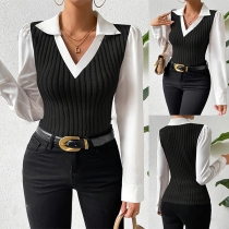 Fashion Contrast Color Stand Collar V-neck Long Sleeve Ribbed Mock-two-piece Shirt