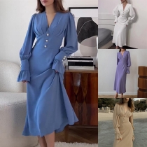 Elegant Plunge V-neck Long Sleeve High-rise Midi Dress