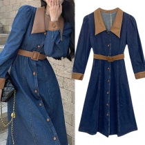 Fashion Artificial Leather PU Spliced Collar Long Sleeve Front Button Denim Dress with Belt