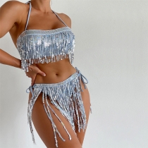 Women's Sequin Tassel Strapless Bikini Swimsuit