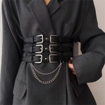 Punk Triple Pin Buckle Elastic Wide Belt
