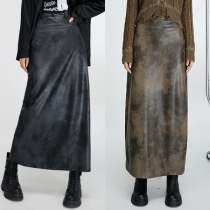 High Waist Fitted Split Midi PU Leather Skirt