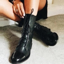 Low Heel Round Toe Cross Strap Mid Calf Boots